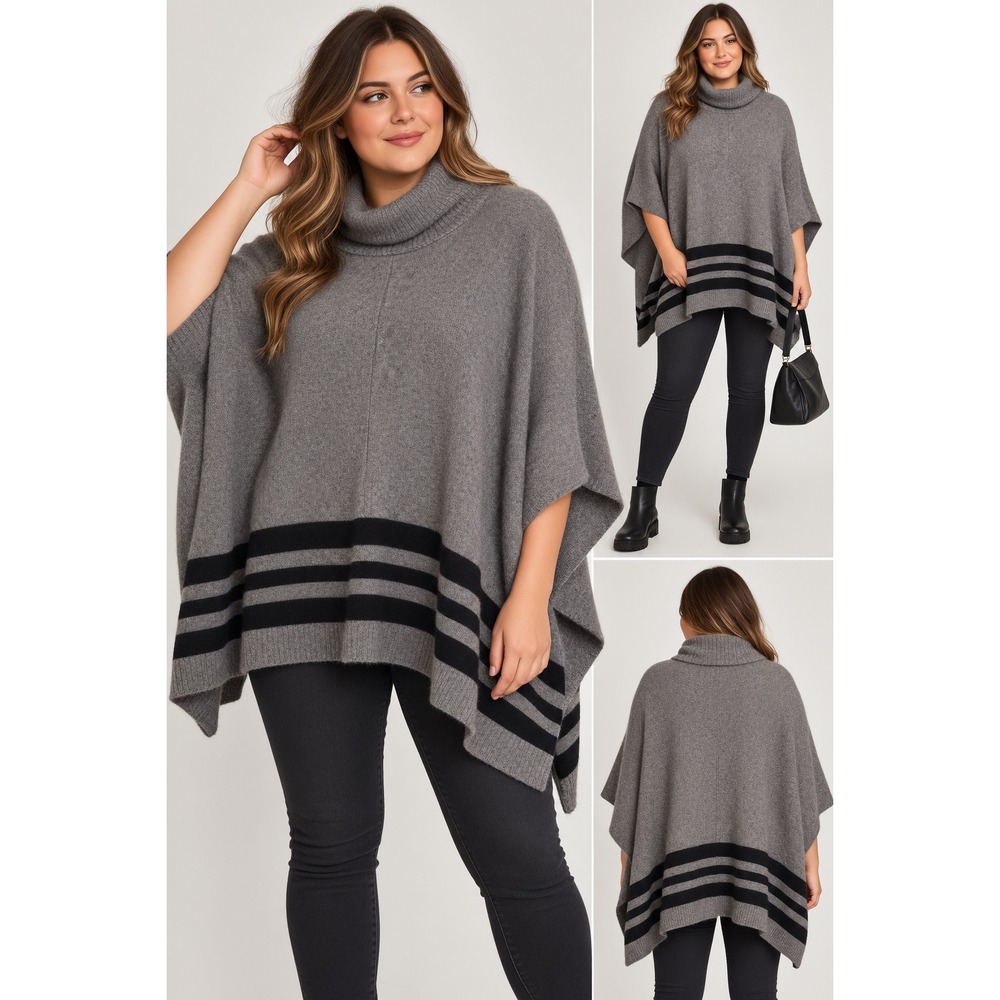 Tahari Wool Yak Hair Turtleneck Poncho Sweater Grey Black Striped XS